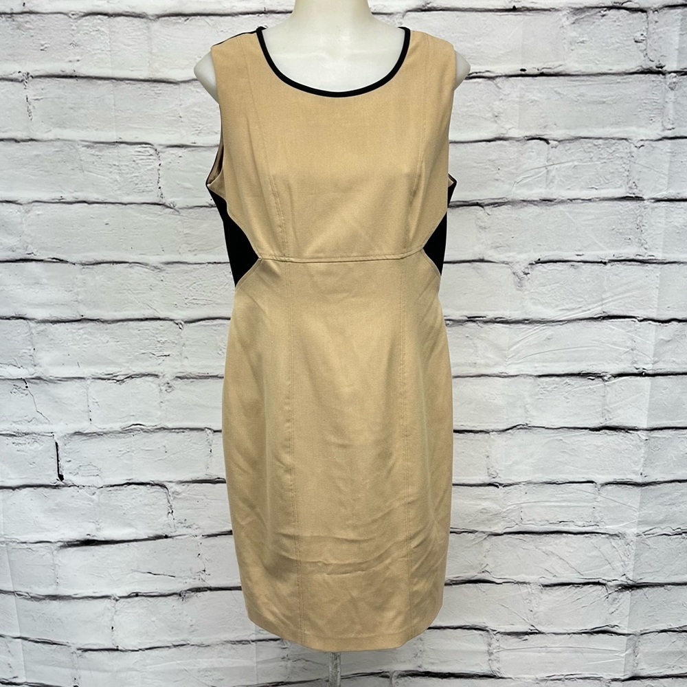 CALVIN KLEIN Dress Color Block Tan Black Lined Sheath Career Sz 10 sleev… - Picture 6 of 12
